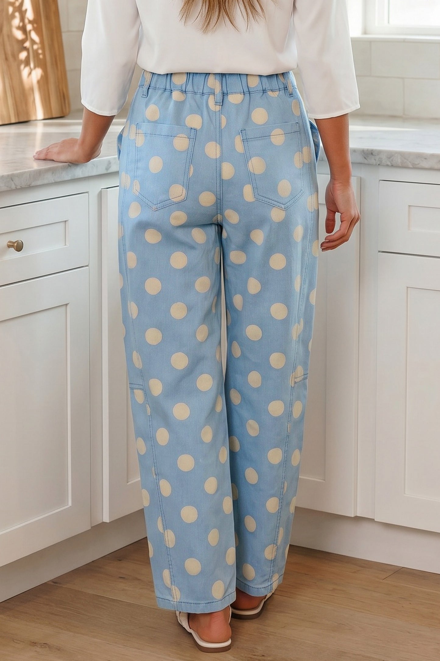 Sky Blue Polka Dot Print Bow Detail Pocketed Jeans