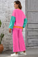 Rose Red 2pcs Color Block Pullover Loose Pant Set
