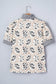White Floral Print Striped Patchwork Button Neck Short Sleeve Blouse