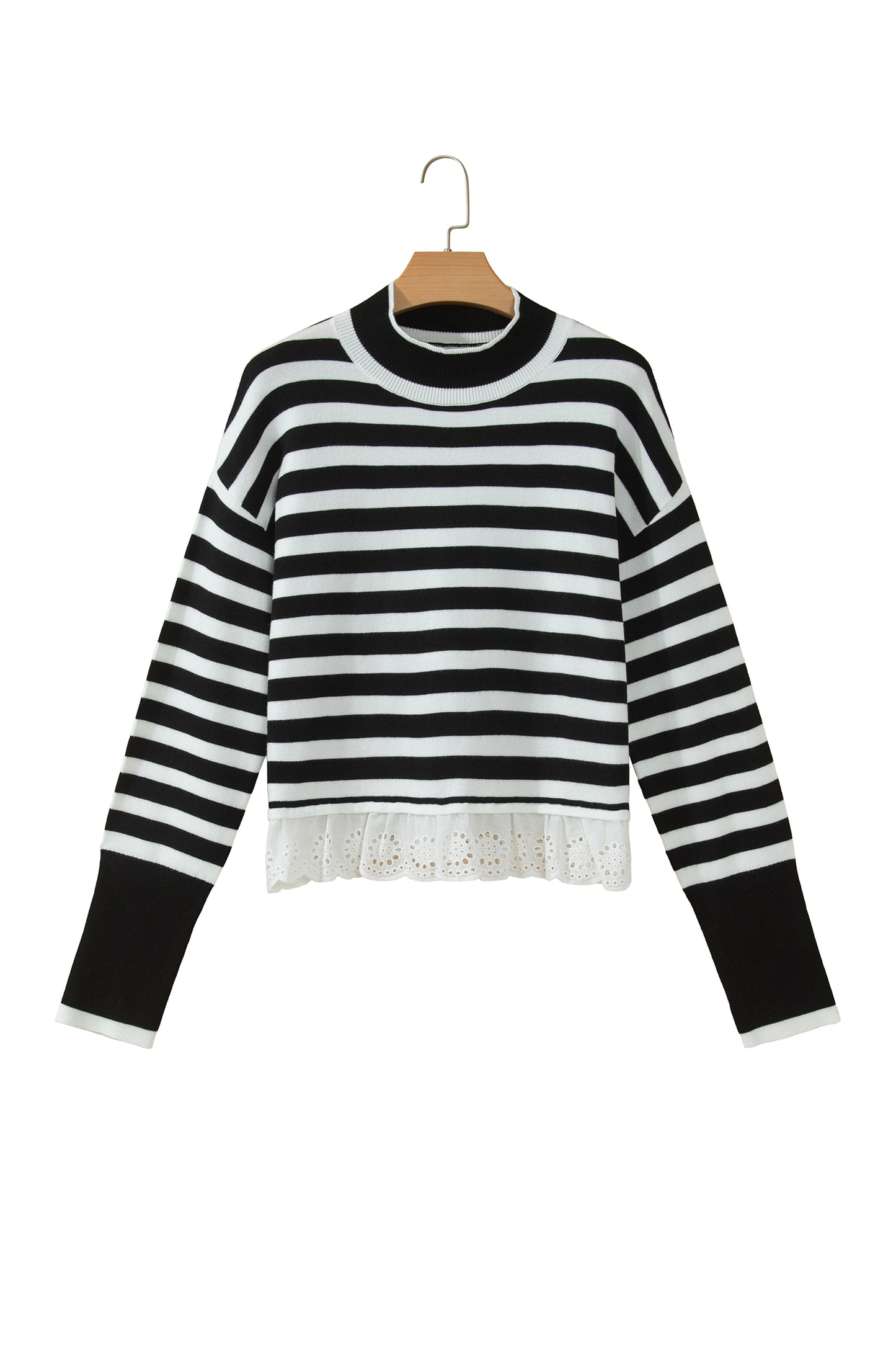 Black Striped High Neck Contrast Ruffle Detail Casual Sweater