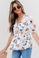 Green Floral Print Puff Sleeve V Neck Babydoll Blouse