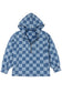Sky Blue Checkerboard Zipped Neck Kangaroo Pocket Denim Hoodie
