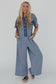 Beau Blue Half Placket Chest Pockets Short Sleeve Wide Leg Jumpsuit