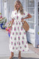 White Floral Print Split Neck Shirred High Waist Ruffle Hem Maxi Dress