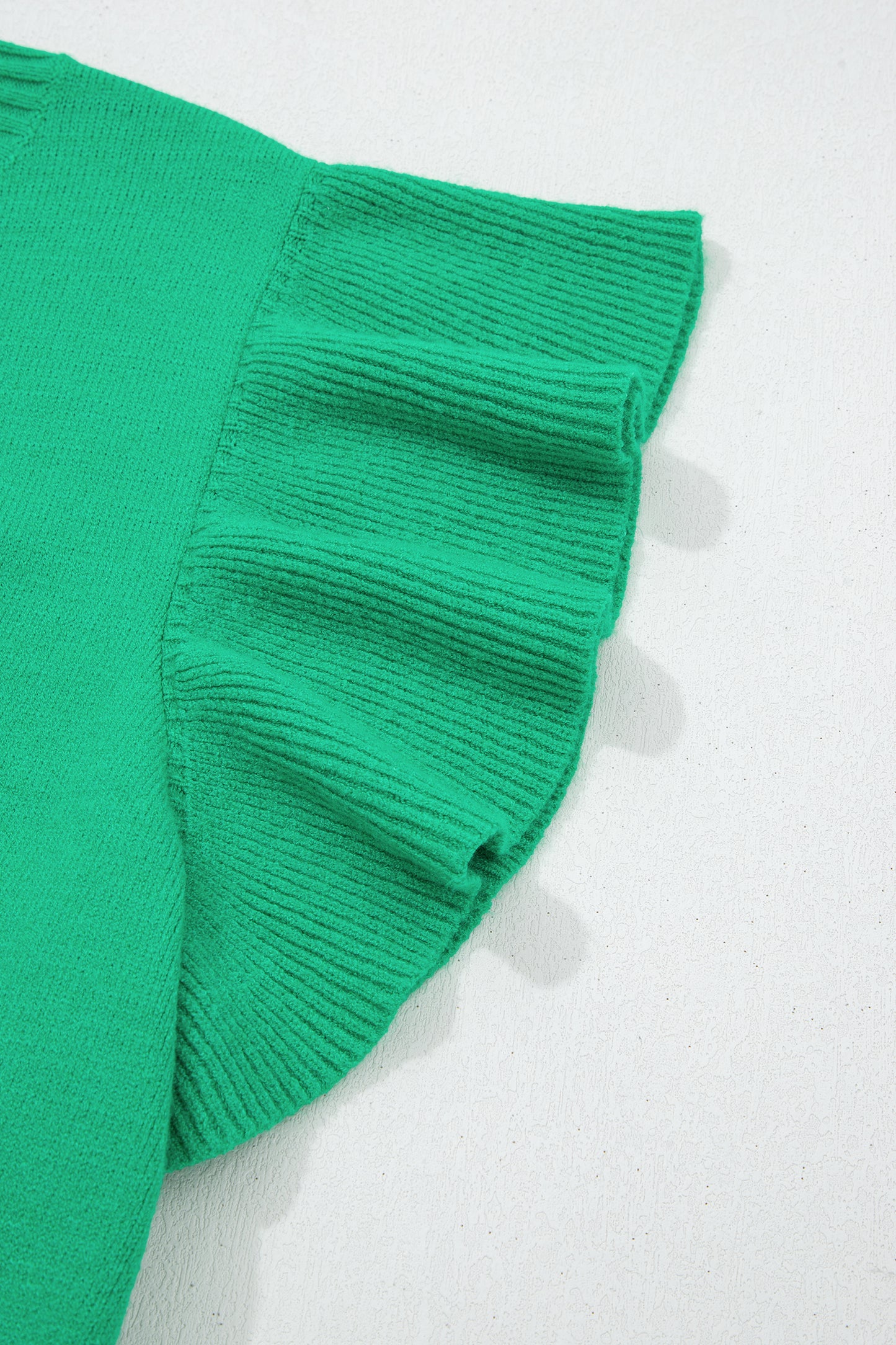 Beau Blue Solid Color Ribbed Trim Round Neck Ruffle Short Sleeve Sweater