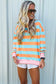 Orange Stripe Ribbed Color Block Trim Round Neck Long Sleeve Shift Top
