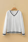 White Textured Knit Preppy Striped Trim V Neck Pullover Waffle Top