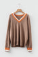 Gray Contrast Striped Trim V Neck Varsity Sweater