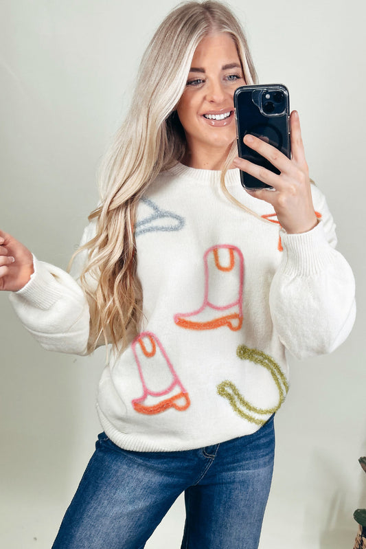 White Tinsel Western Boots Horseshoe Star Knit Crew Neck Sweater