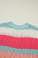 Green Stripe Color Block Hollow Out Knit Short Sleeve Sweater