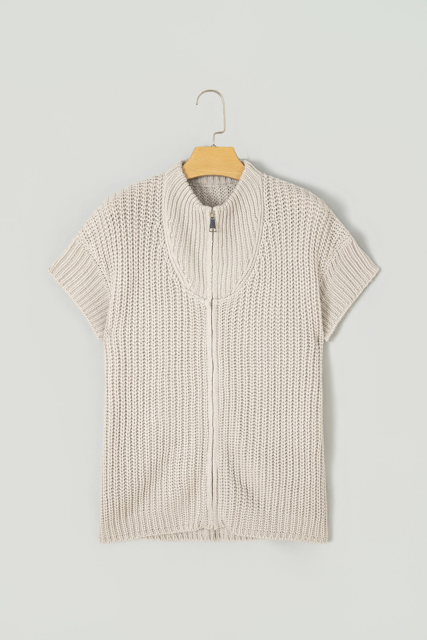 Jet Stream Solid Color Short Sleeve Zipper Knit High Neck Sweater