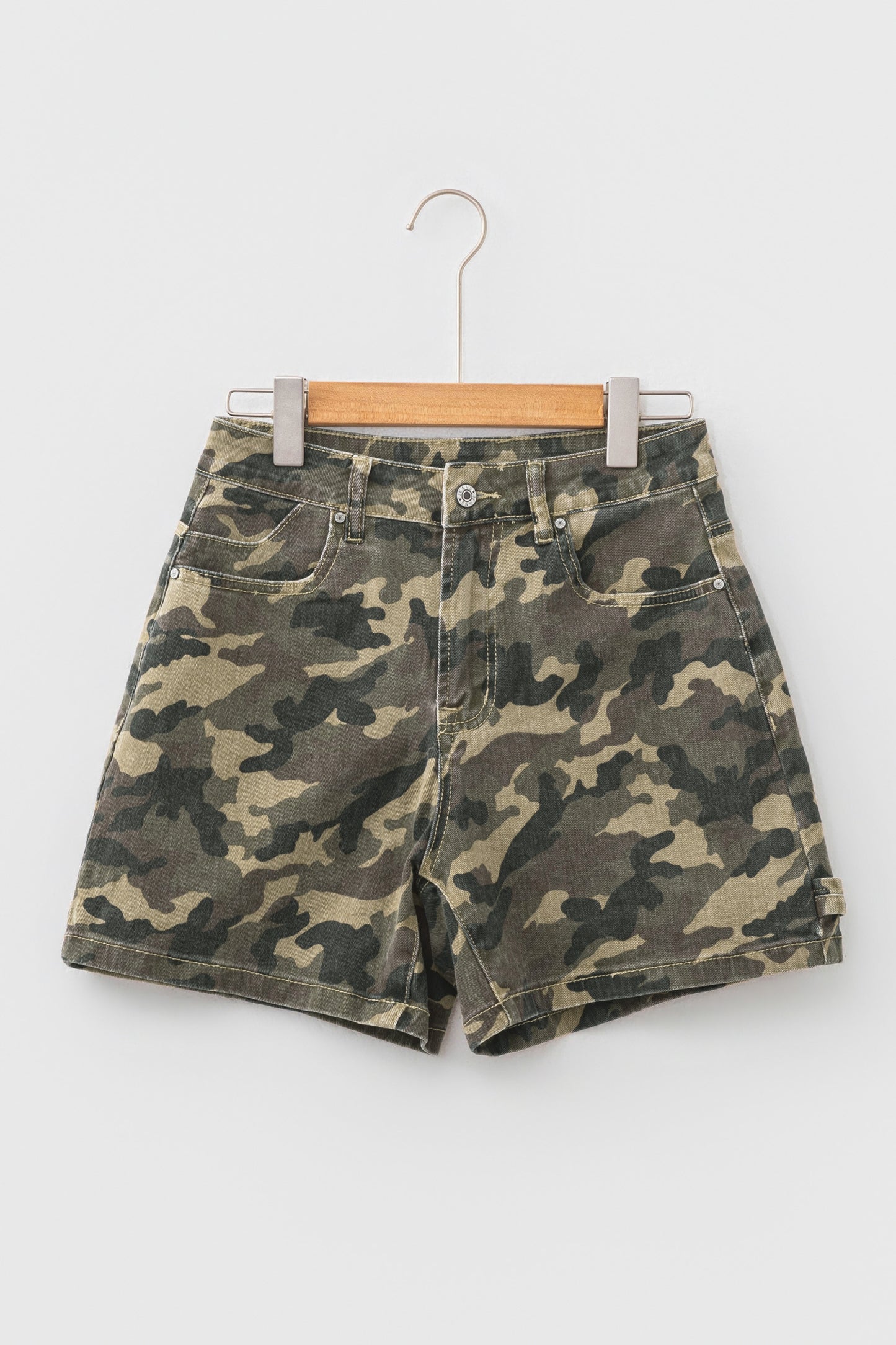 Green Camouflage High Rise Denim Shorts
