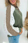 Dark Khaki Twisted Ribbed Leopard Lace Contrast Patchwork Long Sleeve Top
