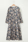 Sky Blue Plus Size Floral Print Split Neck Shirred High Waist Long Sleeve Maxi Dress