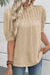 Parchment Textured Knit Eyelet Embroidered Patchwork Ruffled Neck Short Sleeve Blouse