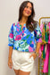 Sky Blue Floral Print V Neck Half Sleeve Blouse