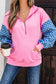 Parchment Checkered Patchwork Kangaroo Pocket Half Zipper Hoodie