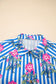 Blue Striped Floral Print Buttoned Cuffs Loose Fit Shirt