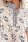 White Floral Print Striped Patchwork Button Neck Short Sleeve Blouse