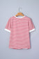 Red Stripe Contrast Trim Round Neck Short Puff Sleeve T Shirt