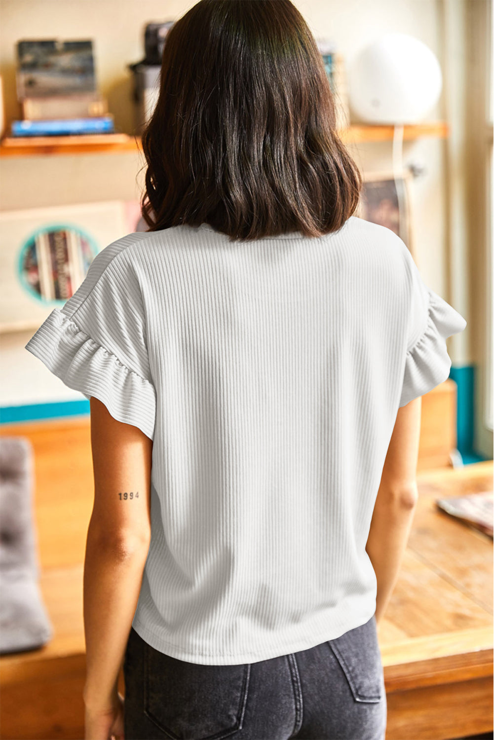 Black Solid Color Ribbed Ruffled Short Sleeve T Shirt