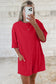 Fiery Red Solid Color Raw Edge Half Sleeve Pocketed Loose Romper