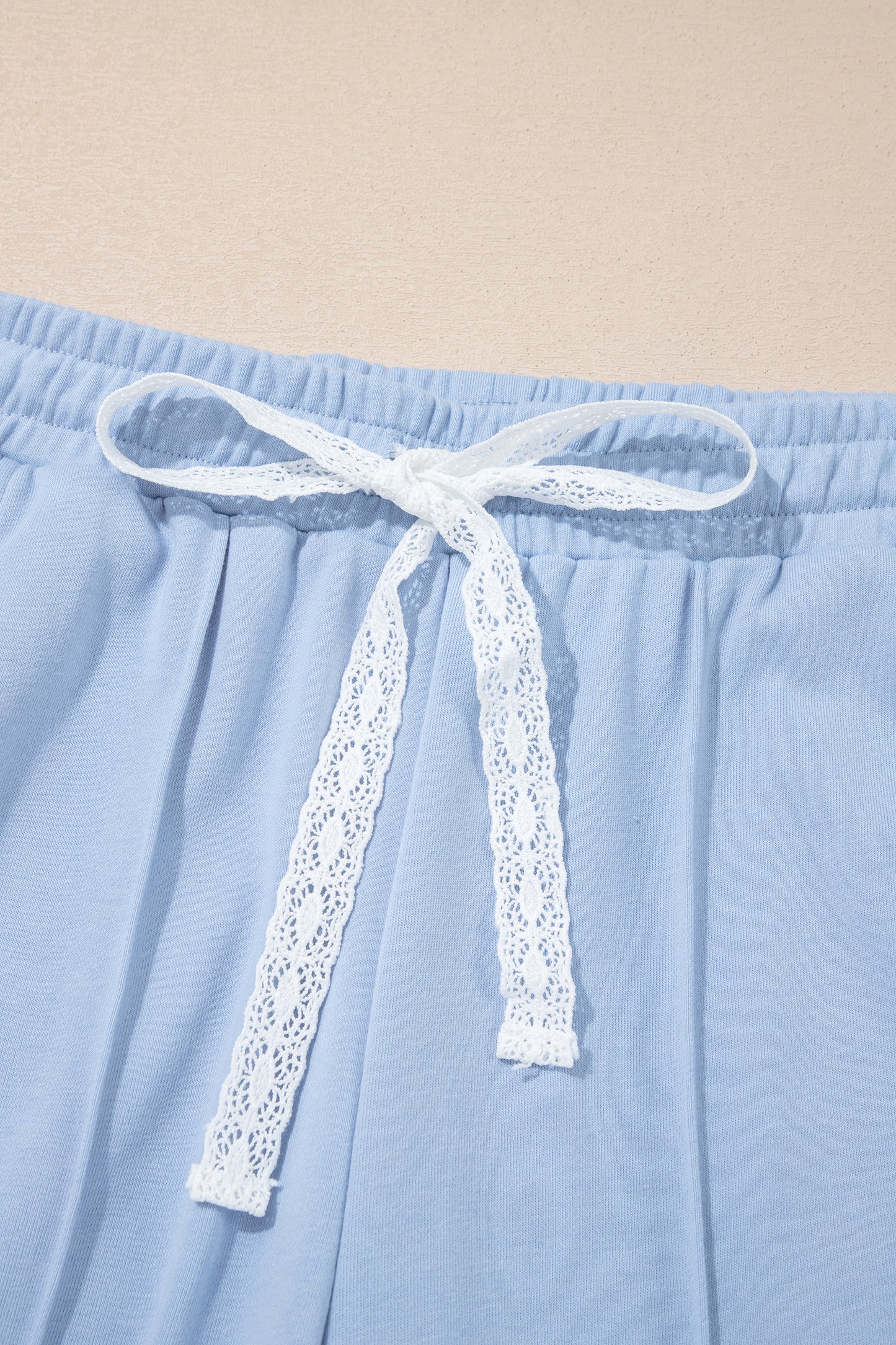 Sky Blue Lace Accent Zipped Collar Short Sleeve Top Sweatpants Set