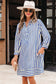 Blue Stripe Collared Half Button Side Pockets Loose Fit Mini Dress