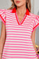 Sachet Pink Stripe Print Contrast Collar Split Neck Flutter Sleeve Short Dress