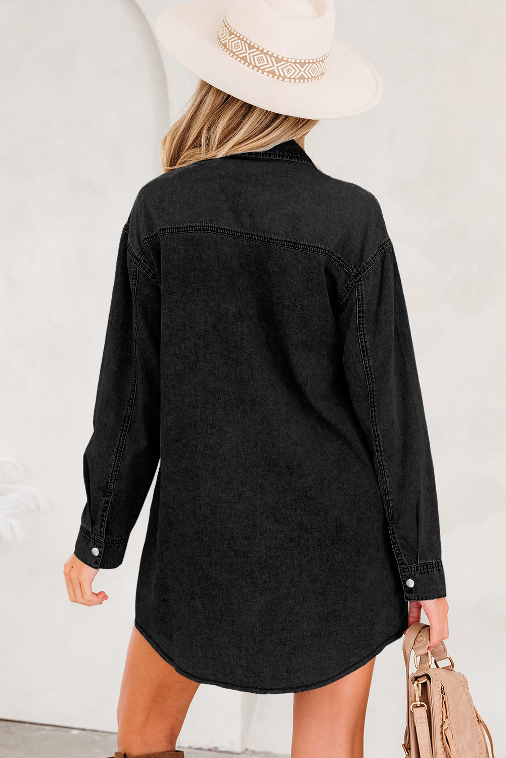 Medium Grey Beau Chest Pocket Raw Hem Denim Loose Shirt Dress