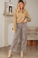 Tan Leopard Bow Decor Split Cuff Contrast Trim Sweater