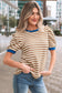 Brown Stripe Short Puff Sleeve Contrast Trim Round Neck Tee