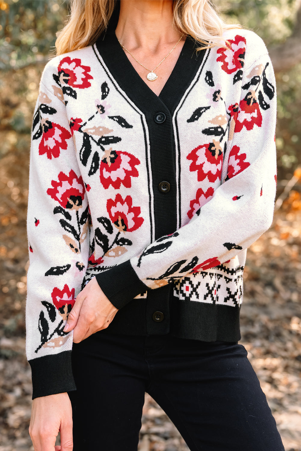 Black Floral Print Buttoned Front V Neck Knit Cardigan