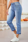 Dark Blue Whiskered Wash Raw Hem Cropped Jeans