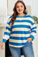 Blue Stripe Floral Color Block Drop Shoulder Plus Size Pullover Top