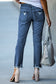 Dark Blue Elastic Waist Straight Leg Destroyed Raw Hem Jeans