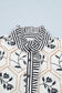 White Floral Print Striped Patchwork Button Neck Short Sleeve Blouse