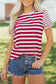 Red Stripe Patchwork Round Neck T Shirt