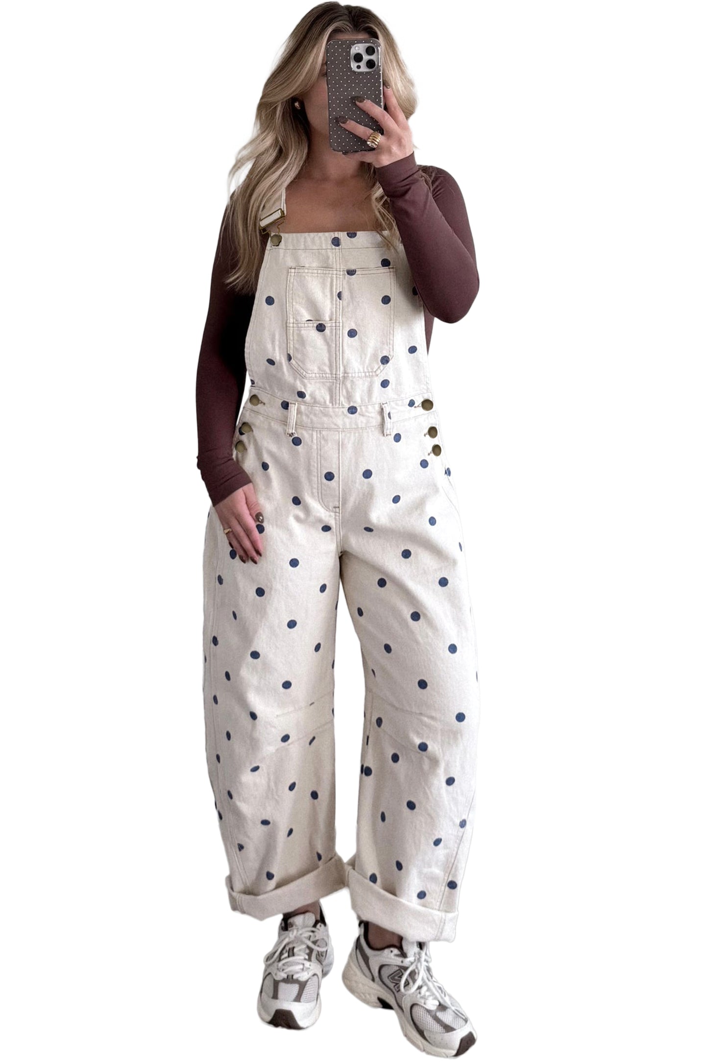 Jet Stream Polka Dot Print Bib Pocket Denim Barrel Overalls Jumpsuit