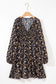 Black Floral Deep V Neck Smocked Bust Bubble Sleeve Babydoll Dress