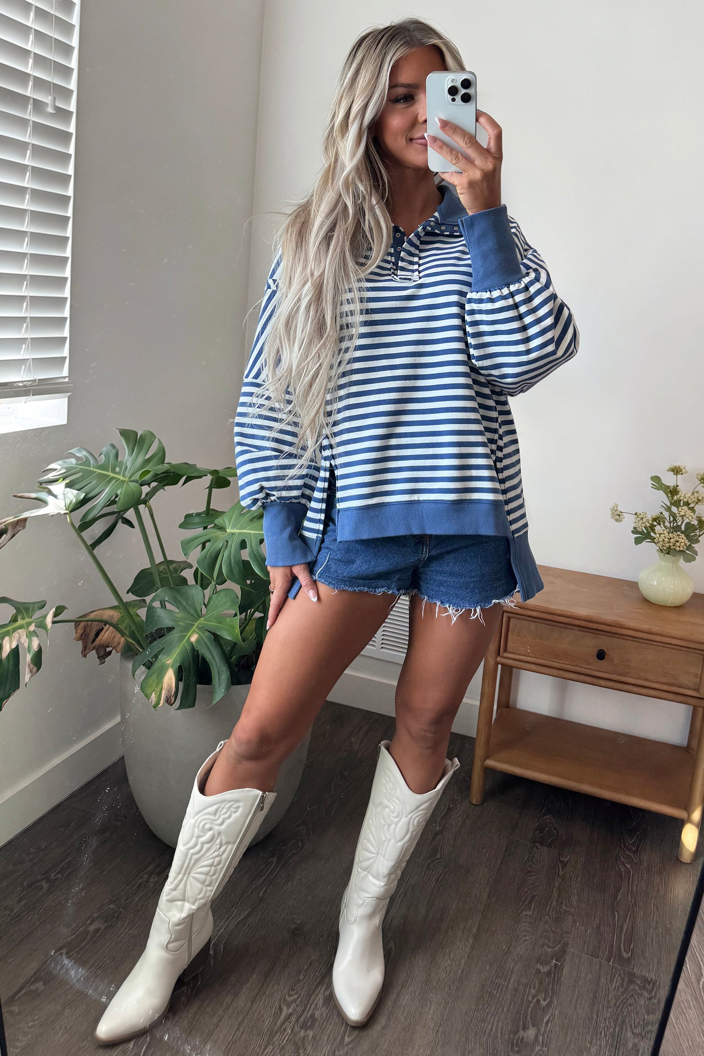 Brown Stripe Color Block Trim Raw Seam Split Hem Loose Pullover Sweatshirt