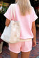 Pink Stripe Cuffed Sleeve Contrast Mock Neck Tee Casual 2pcs Short Set