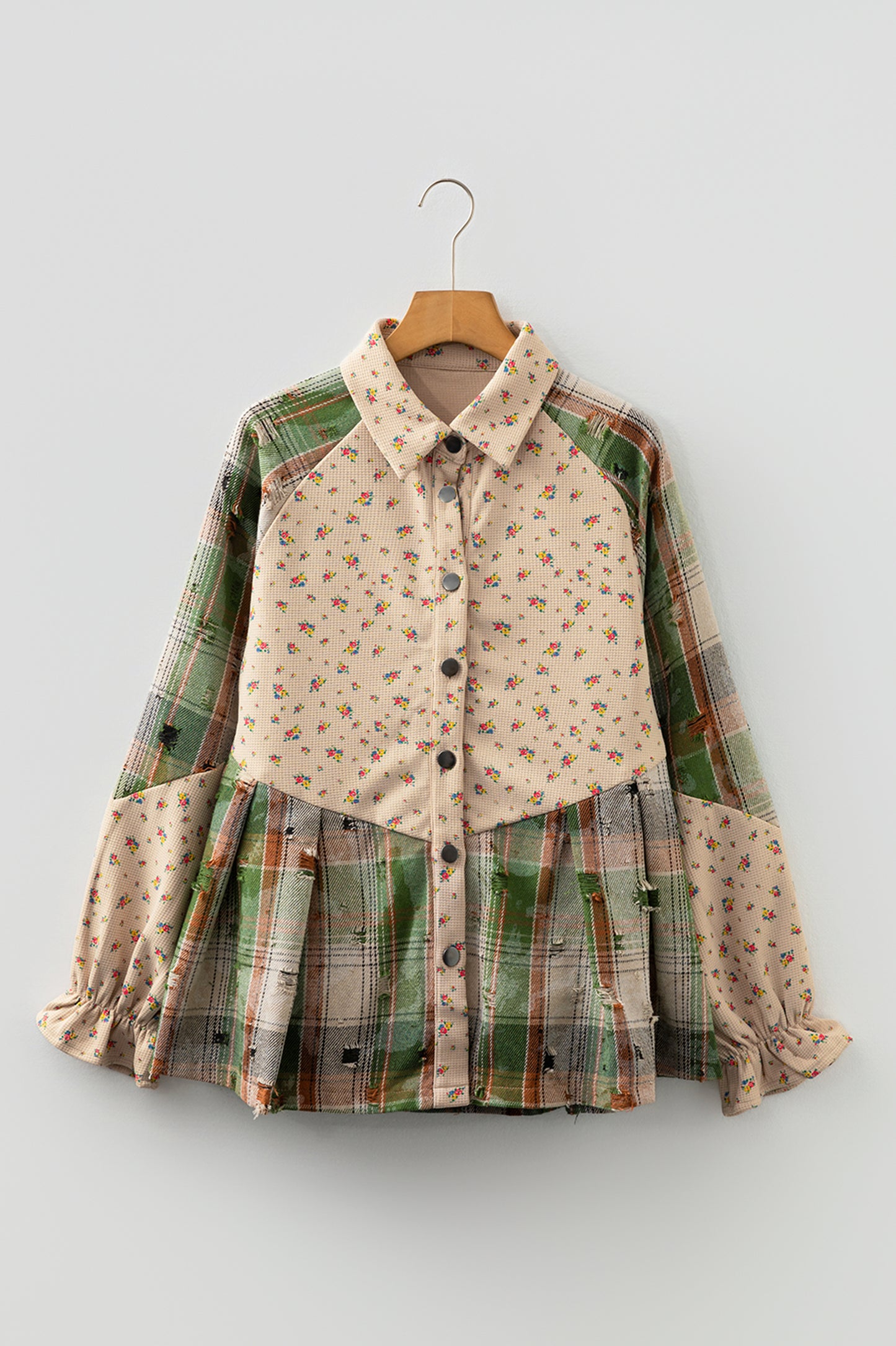Mist Green Boho Floral Plaid Patchwork Distressed Detail Ruffled Sleeve Waffle Knit Shacket