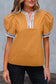 Buckskin Contrast Leopard Trim Split Neck Puff Sleeve Blouse