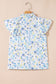 Sky Blue Floral Print Frilled Notched V Neck Blouse
