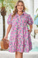 Pink Plus Size Floral Half Button Short Puff Sleeve A-line Dress