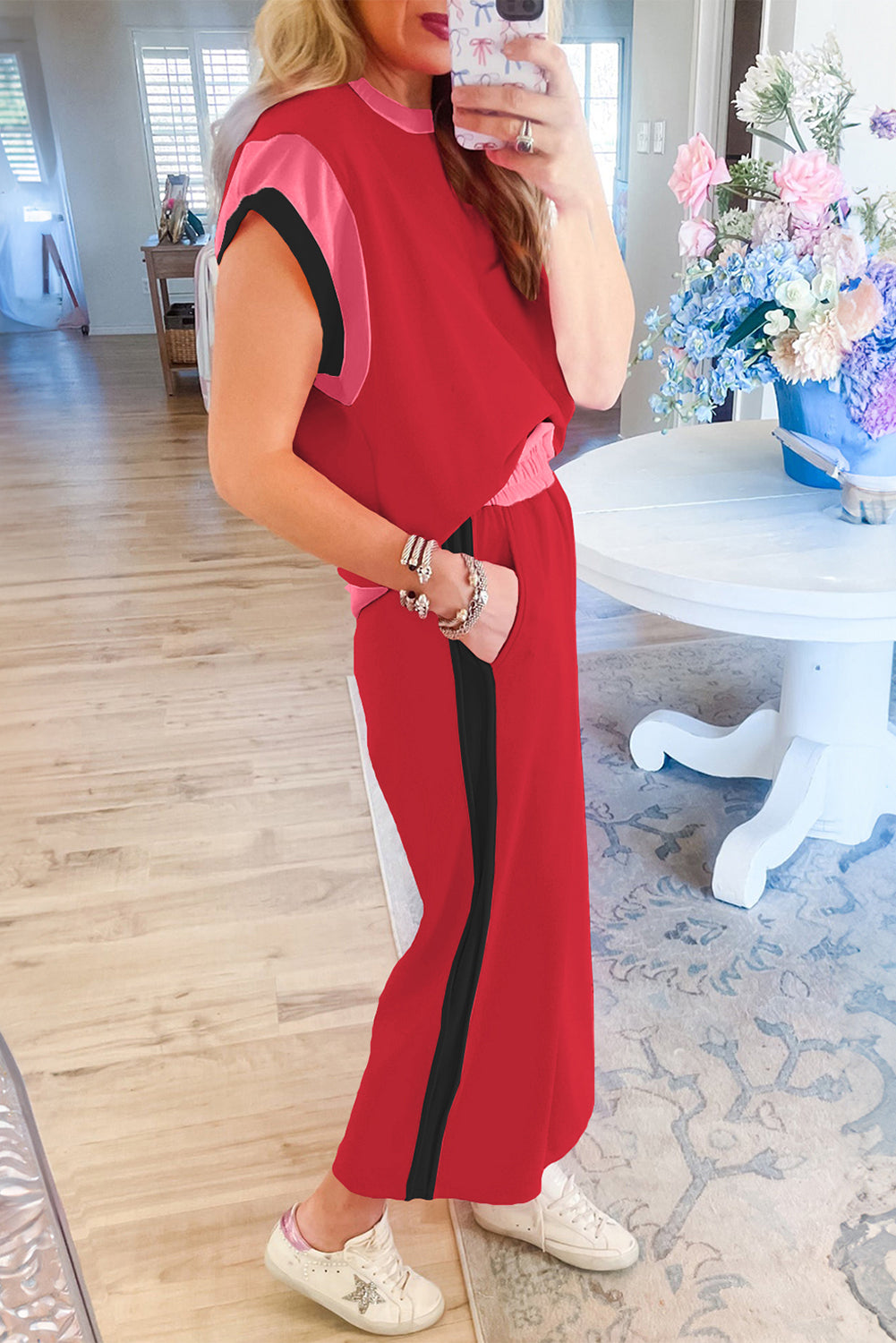 Dark Green Color Block Detail Casual Two-piece Set
