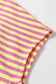 Pink Stripe Colorblock Trim V Neck Tee Drawstring Elastic Waist Short Set