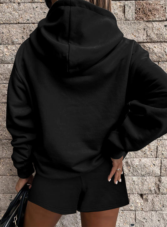 Black Button Drawstring Hooded Pullover and Casual Short Set
