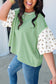 Black Stripe Floral Puff Sleeve Patchwork Round Neck Loose Top